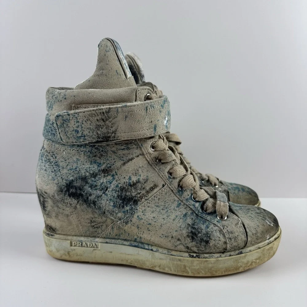 Prada Paint Splatter Artsy Wedge Sneakers Shoes Leather‎ High Top EU 37.5 US 7